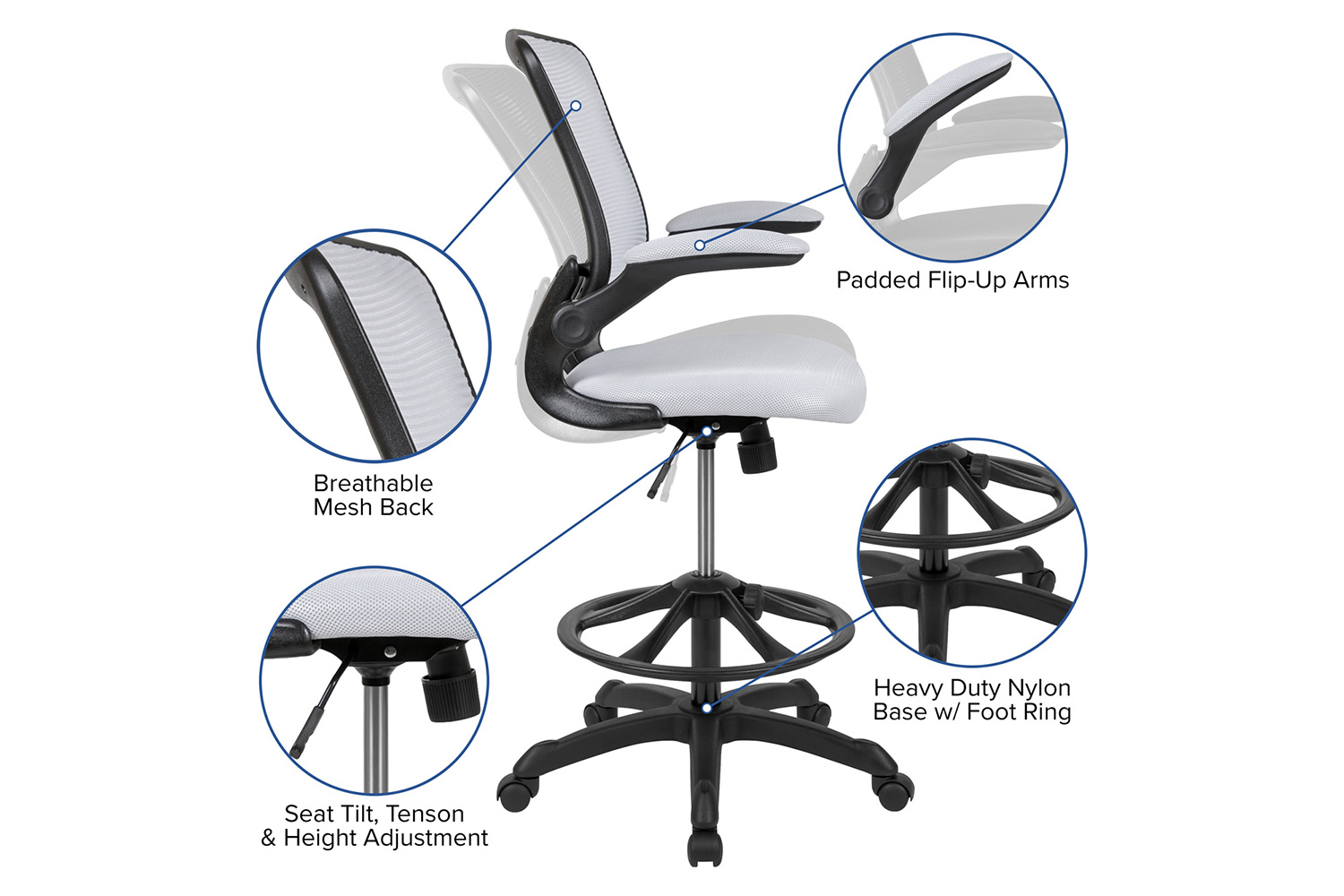 BLNK Kale Mid-Back Mesh Ergonomic Drafting Chair with Adjustable Foot Ring and Flip-Up Arms - White