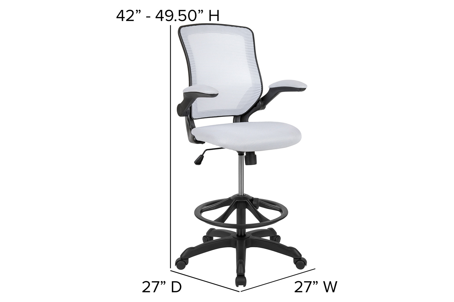 BLNK Kale Mid-Back Mesh Ergonomic Drafting Chair with Adjustable Foot Ring and Flip-Up Arms - White