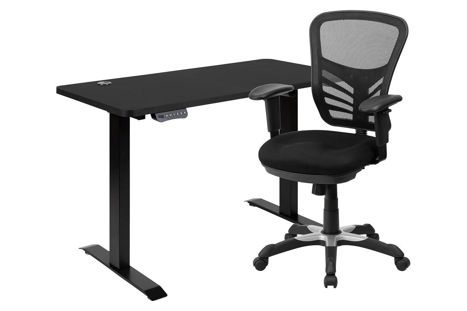 BLNK - Park Wide Black Electric Height Adjustable Standing Desk with Black Mesh Multifunction Executive Swivel Ergonomic Office Chair