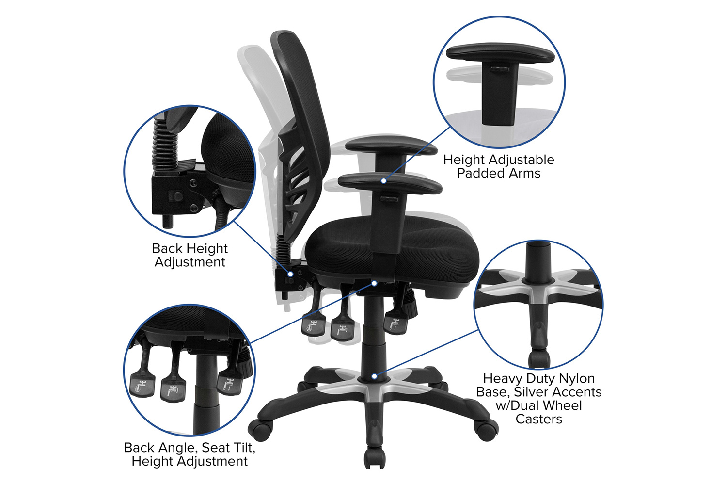 BLNK - Park Wide Black Electric Height Adjustable Standing Desk with Black Mesh Multifunction Executive Swivel Ergonomic Office Chair