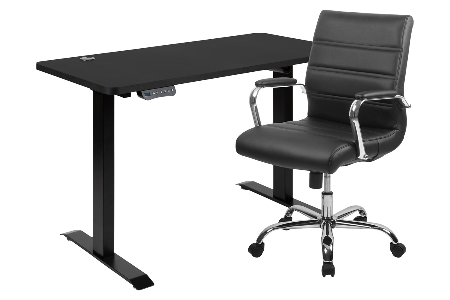 BLNK - Park Wide Black Electric Height Adjustable Standing Desk with Mid-Back Black LeatherSoft and Chrome Executive Swivel Office Chair