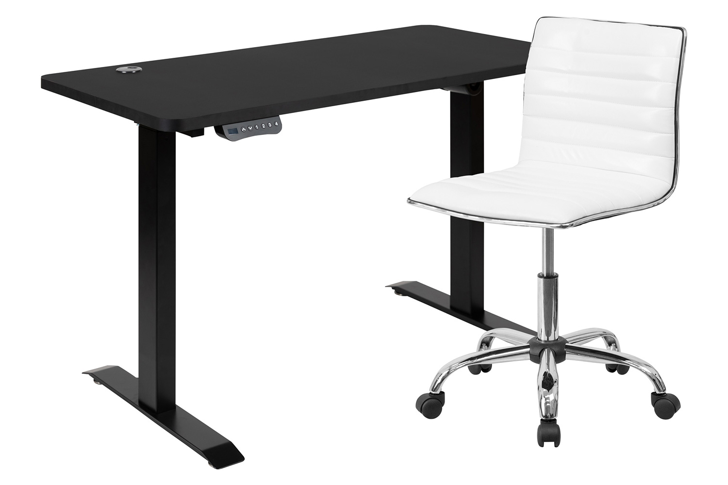 BLNK - Park Wide Black Electric Height Adjustable Standing Desk with Designer Armless White Ribbed Swivel Task Office Chair