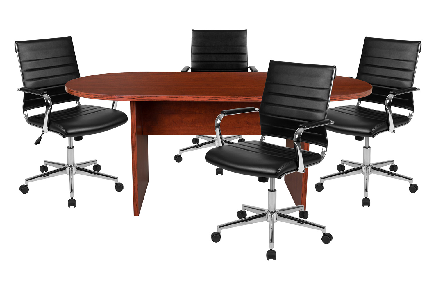 BLNK™ Lark Oval Conference Table Set with 4 Black Ribbed Executive Chairs - Cherry