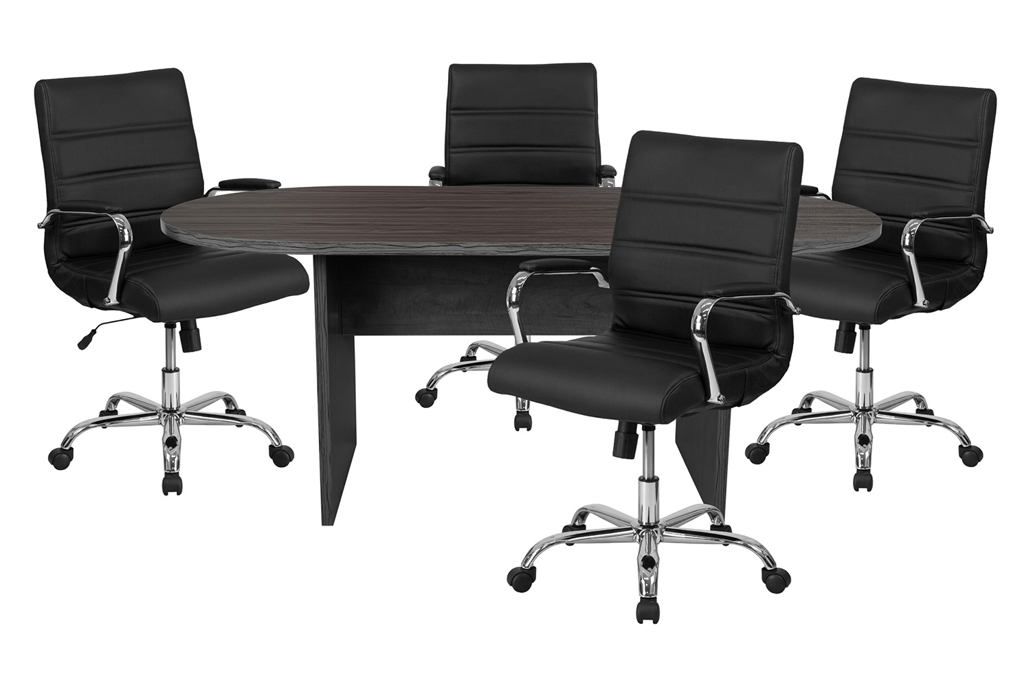 BLNK Lark Oval Conference Table Set with 4 Black and Chrome Executive Chairs - Rustic Gray