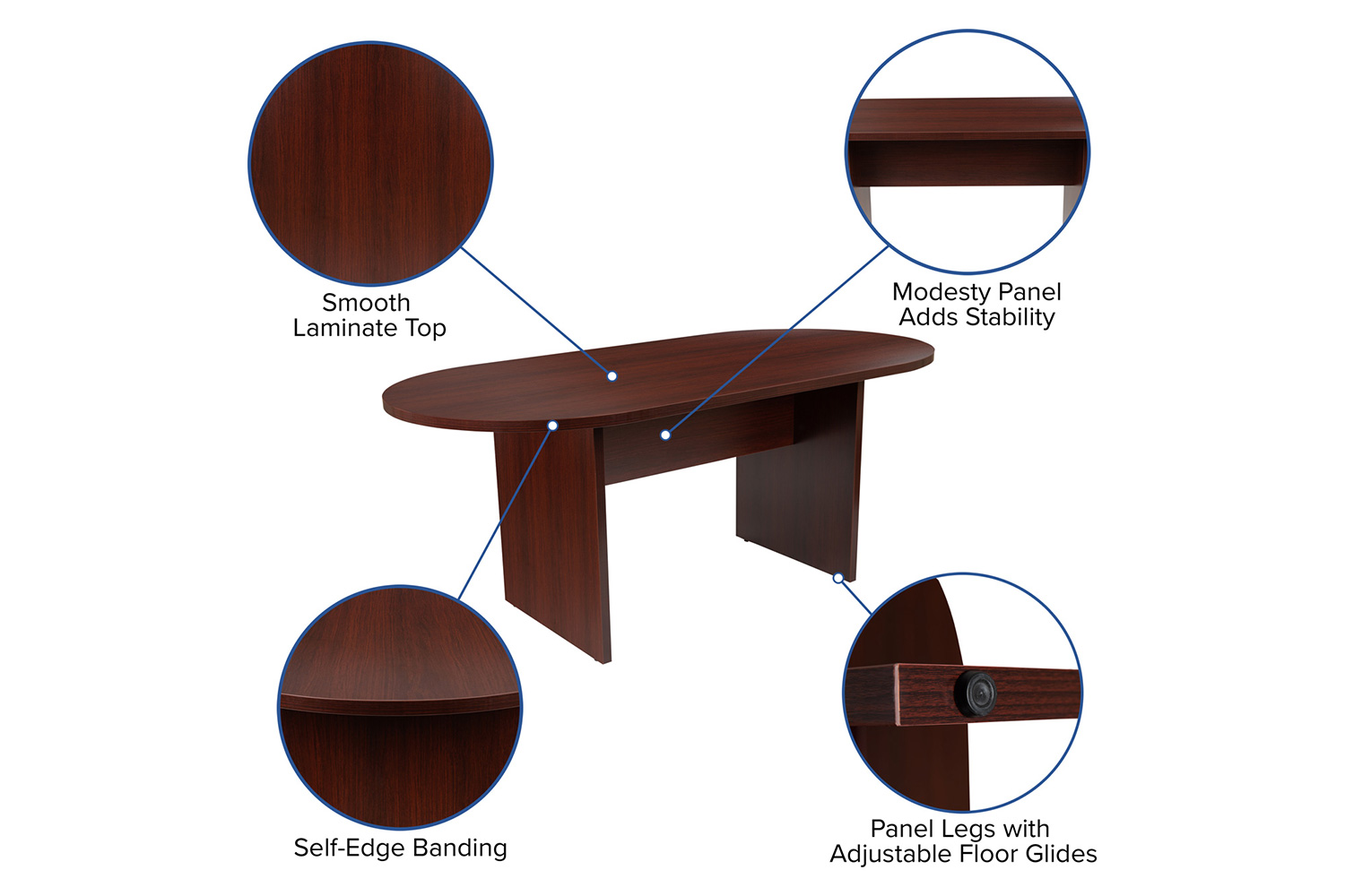 BLNK Lark Oval Conference Table Set with 4 Black Ribbed Executive Chairs - Mahogany