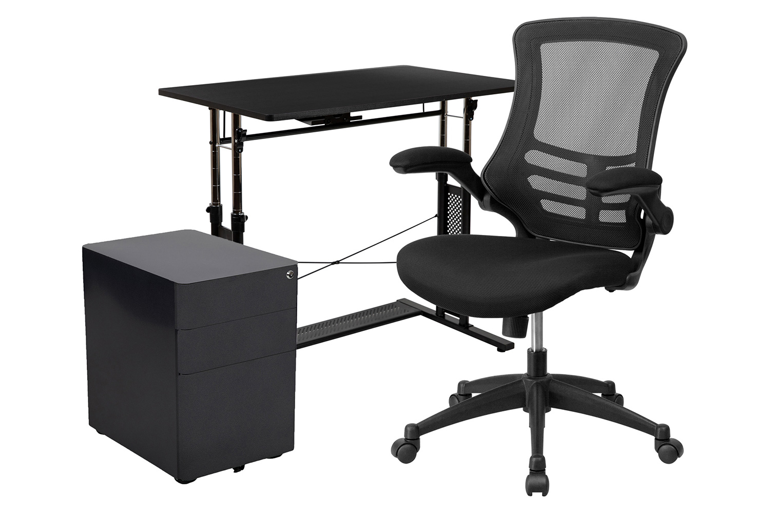 BLNK Stiles Work From Home Kit with Adjustable Computer Desk, Ergonomic Mesh Office Chair and Locking Mobile Filing Cabinet with Side Handles - Black