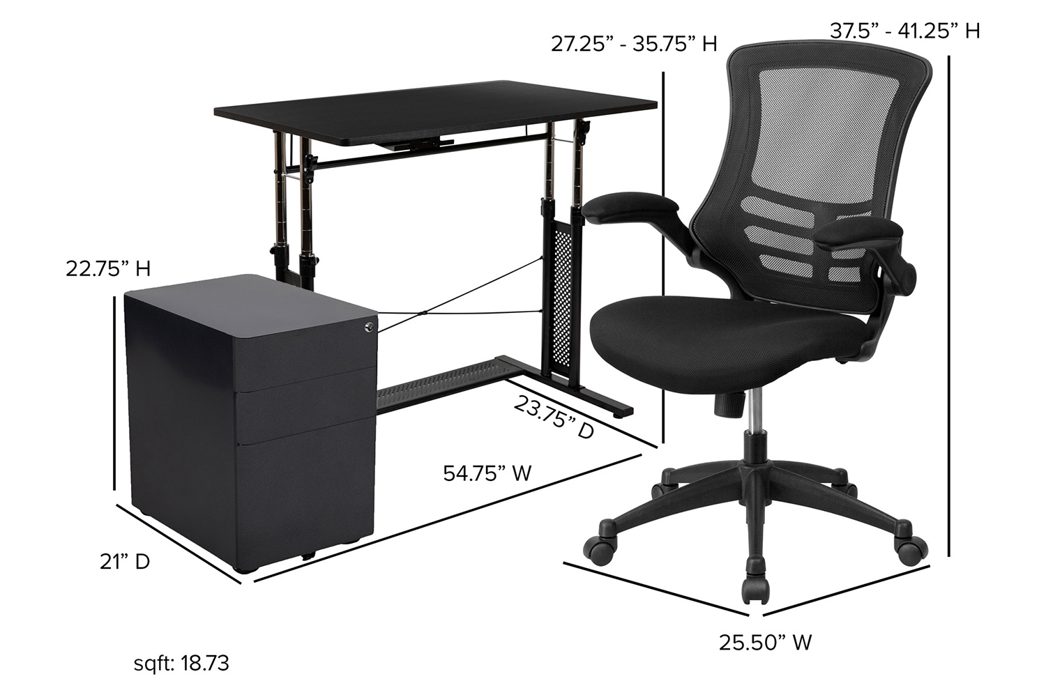 BLNK Stiles Work From Home Kit with Adjustable Computer Desk, Ergonomic Mesh Office Chair and Locking Mobile Filing Cabinet with Side Handles - Black