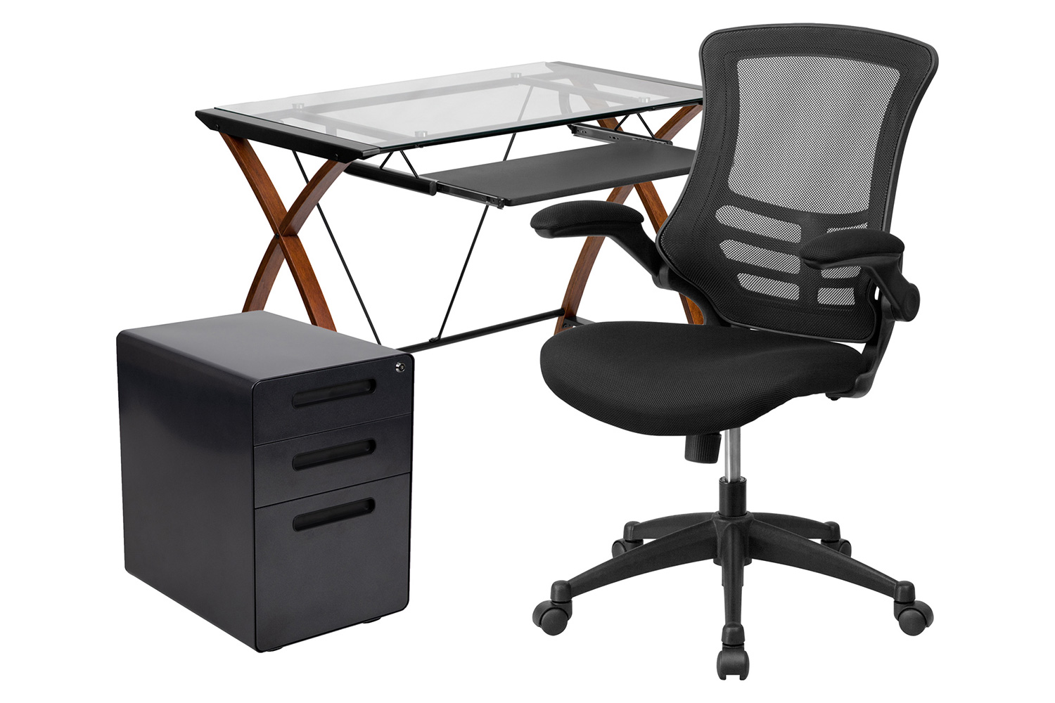 BLNK - Stiles Work From Home Kit with Glass Desk with Keyboard Tray, Ergonomic Mesh Office Chair and Filing Cabinet with Lock and Inset Handles