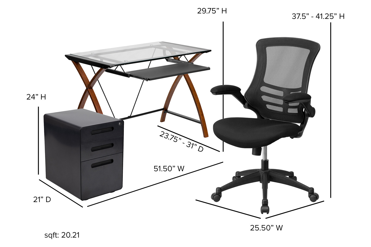 BLNK - Stiles Work From Home Kit with Glass Desk with Keyboard Tray, Ergonomic Mesh Office Chair and Filing Cabinet with Lock and Inset Handles