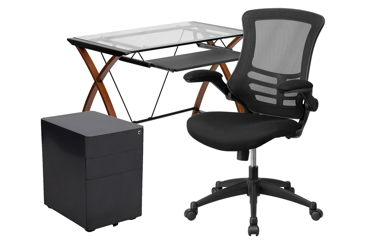 BLNK - Stiles Work From Home Kit with Glass Desk with Keyboard Tray, Ergonomic Mesh Office Chair and Filing Cabinet with Lock and Side Handles