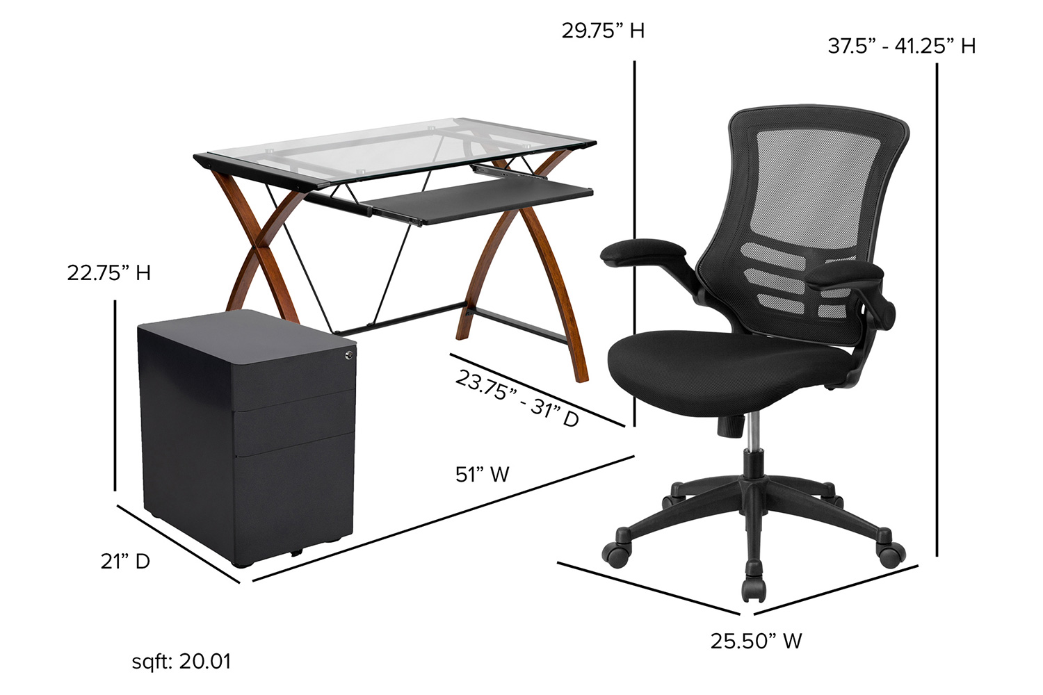 BLNK - Stiles Work From Home Kit with Glass Desk with Keyboard Tray, Ergonomic Mesh Office Chair and Filing Cabinet with Lock and Side Handles