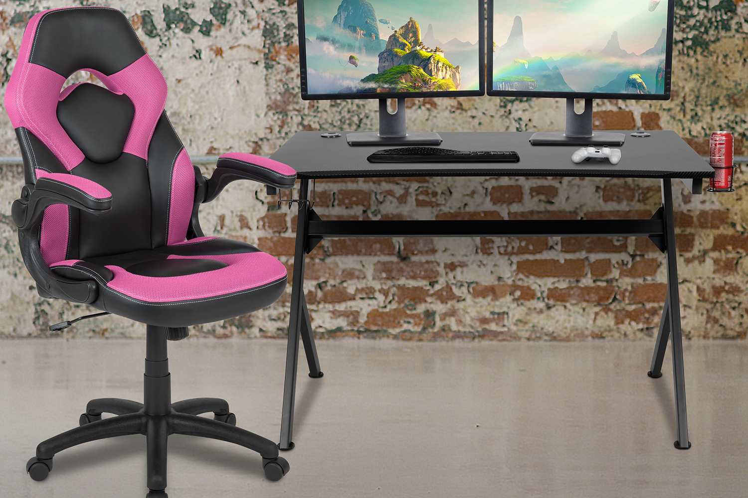 BLNK Optis Black Gaming Desk and Racing Chair Set with Cup Holder, Headphone Hook and 2 Wire Management Holes