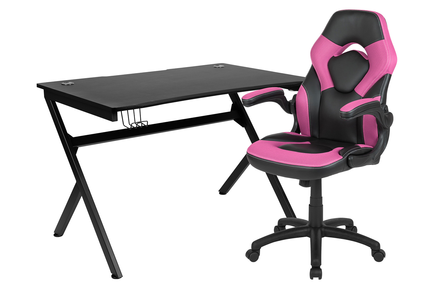 BLNK Optis Black Gaming Desk and Racing Chair Set with Cup Holder, Headphone Hook and 2 Wire Management Holes - Pink