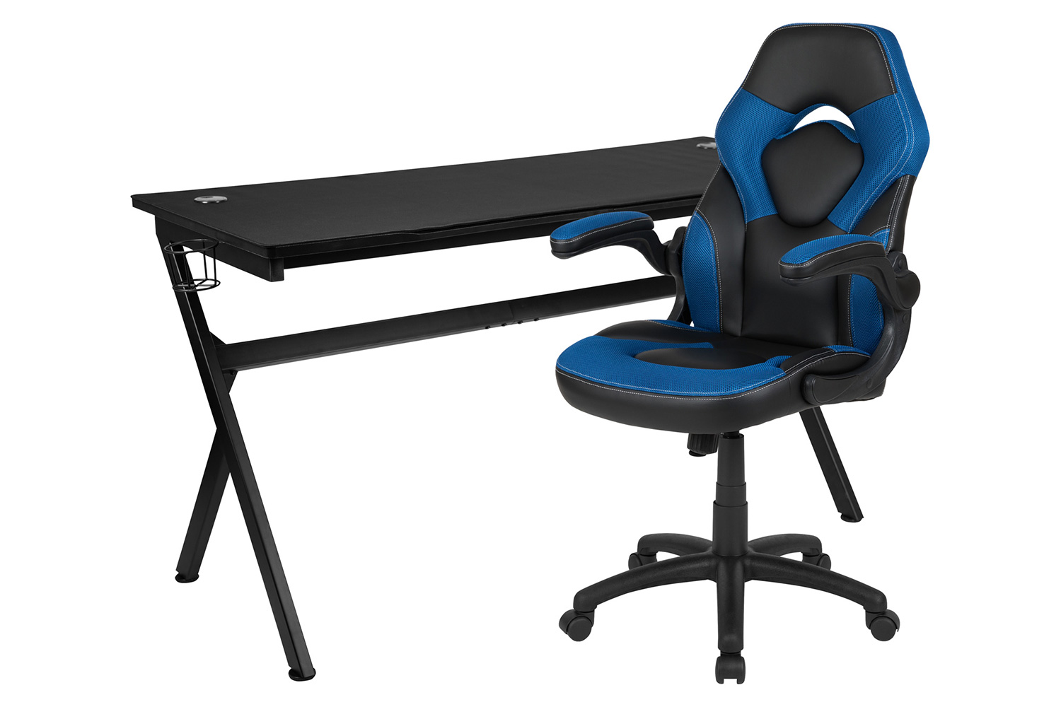 BLNK Optis Gaming Desk and Racing Chair Set with Cup Holder, Headphone Hook, Removable Mouse Pad Top and 2 Wire Management Holes - Blue/Black