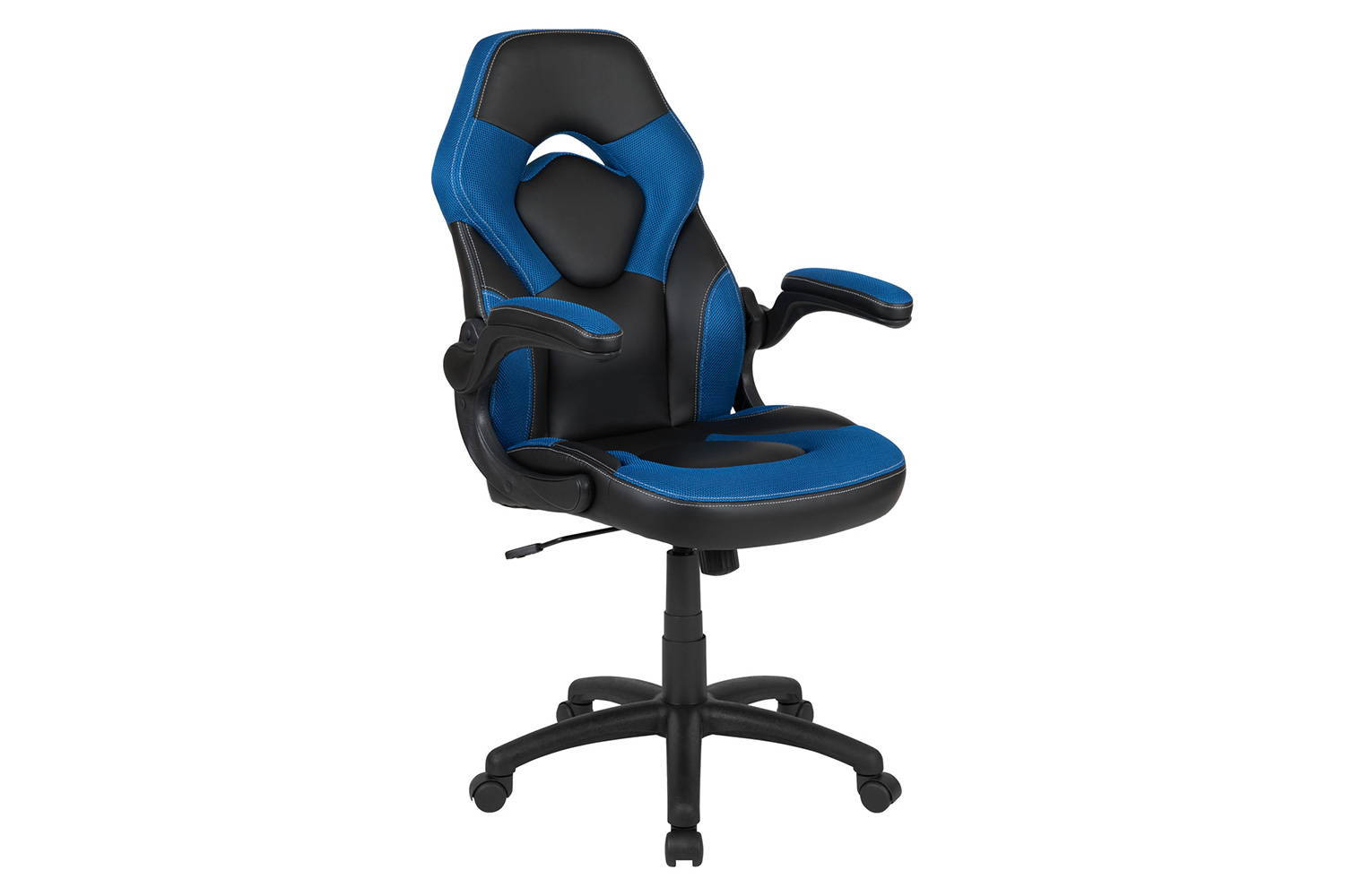 BLNK Optis Gaming Desk and Racing Chair Set with Cup Holder, Headphone Hook, Removable Mouse Pad Top and 2 Wire Management Holes - Blue/Black