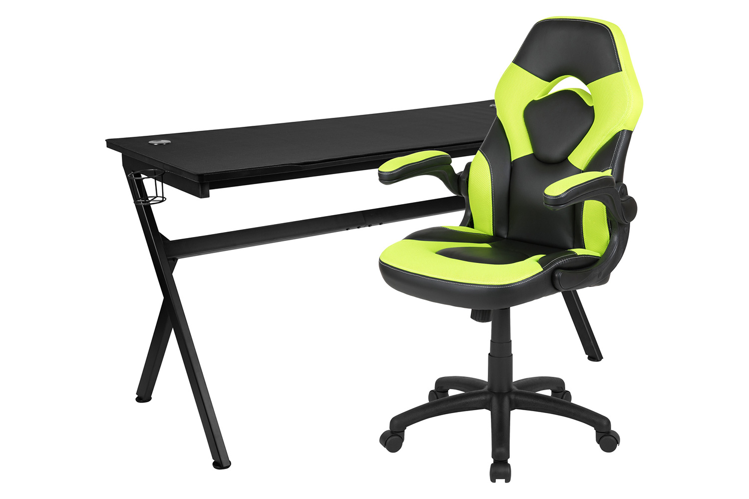 BLNK Optis Gaming Desk and Racing Chair Set with Cup Holder, Headphone Hook, Removable Mouse Pad Top and 2 Wire Management Holes - Green/Black