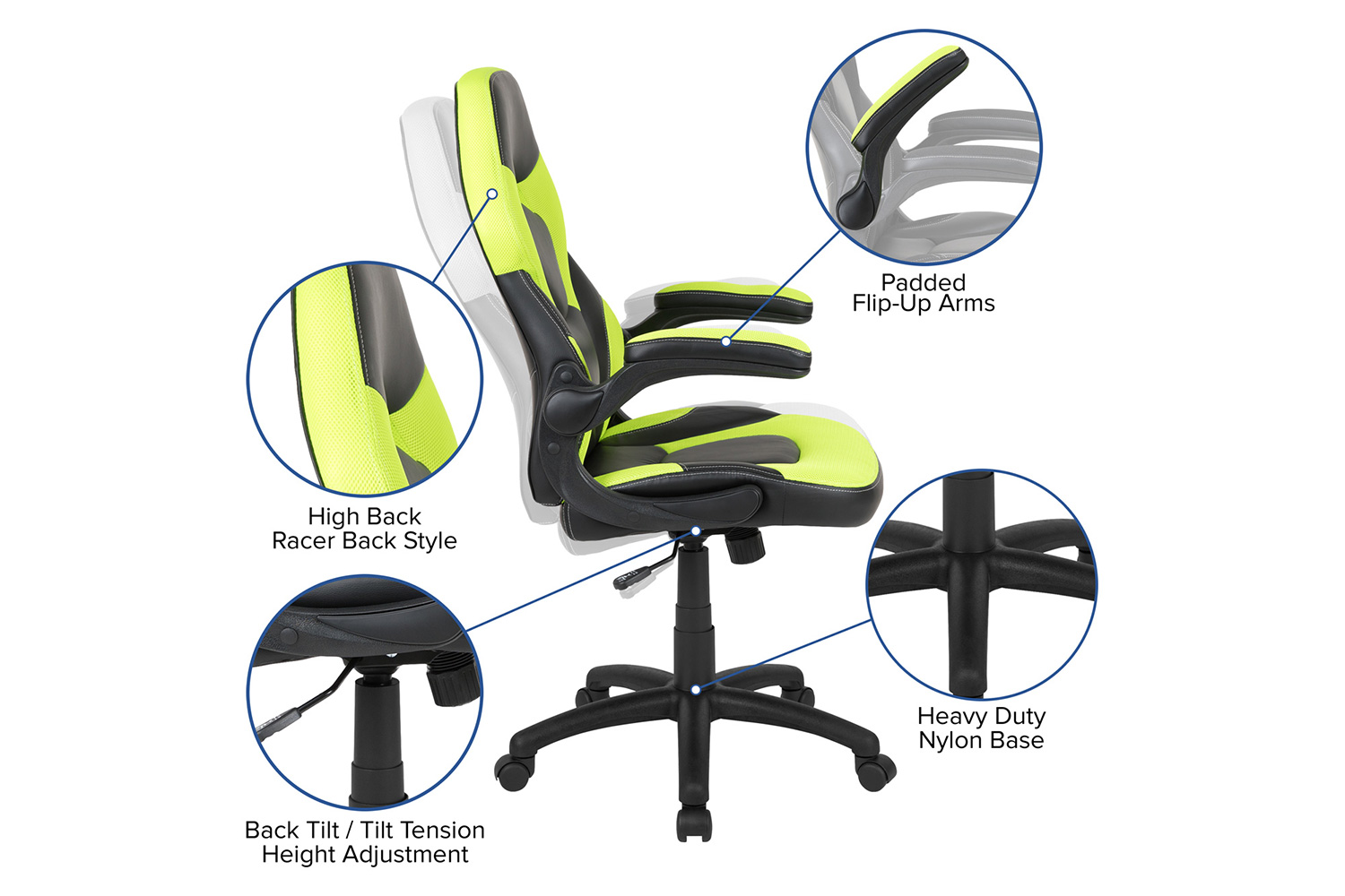 BLNK Optis Gaming Desk and Racing Chair Set with Cup Holder, Headphone Hook, Removable Mouse Pad Top and 2 Wire Management Holes - Green/Black