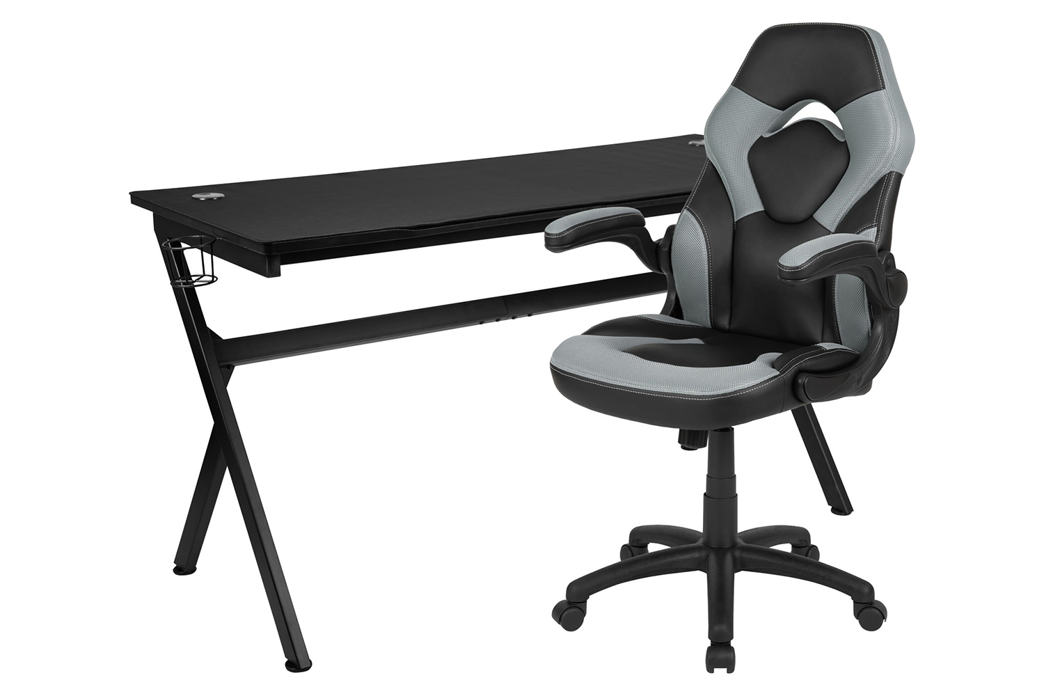 BLNK Optis Gaming Desk and Racing Chair Set with Cup Holder, Headphone Hook, Removable Mouse Pad Top and 2 Wire Management Holes - Gray/Black