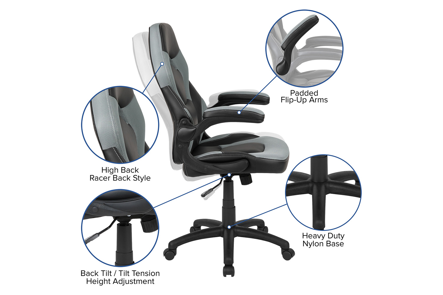 BLNK Optis Gaming Desk and Racing Chair Set with Cup Holder, Headphone Hook, Removable Mouse Pad Top and 2 Wire Management Holes - Gray/Black