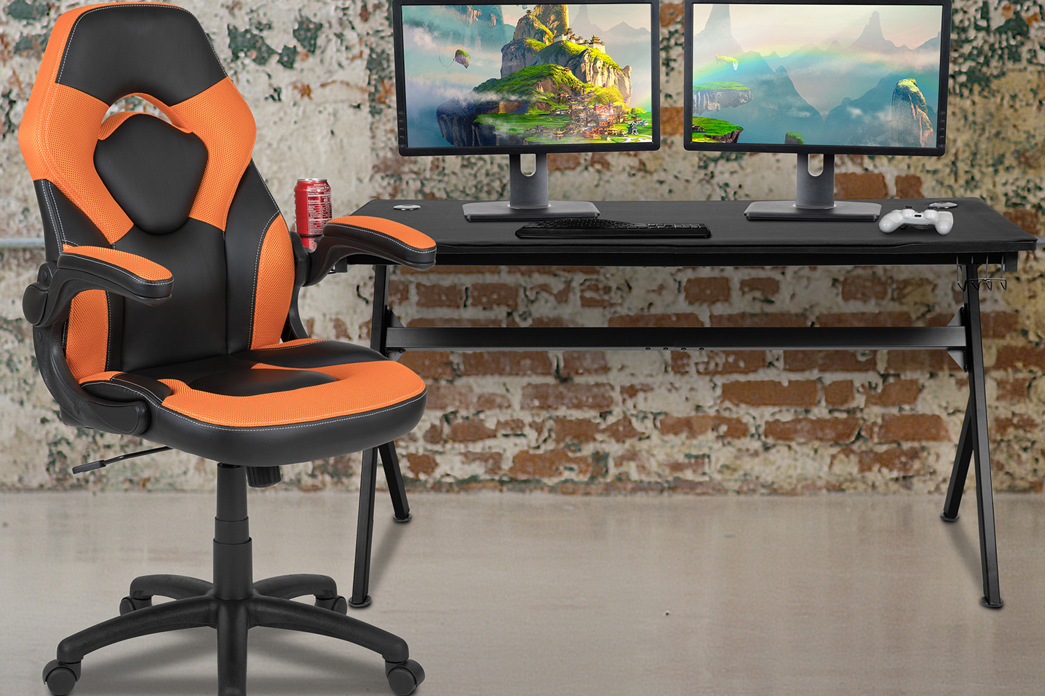 BLNK Optis Gaming Desk and Racing Chair Set with Cup Holder, Headphone Hook, Removable Mouse Pad Top and 2 Wire Management Holes