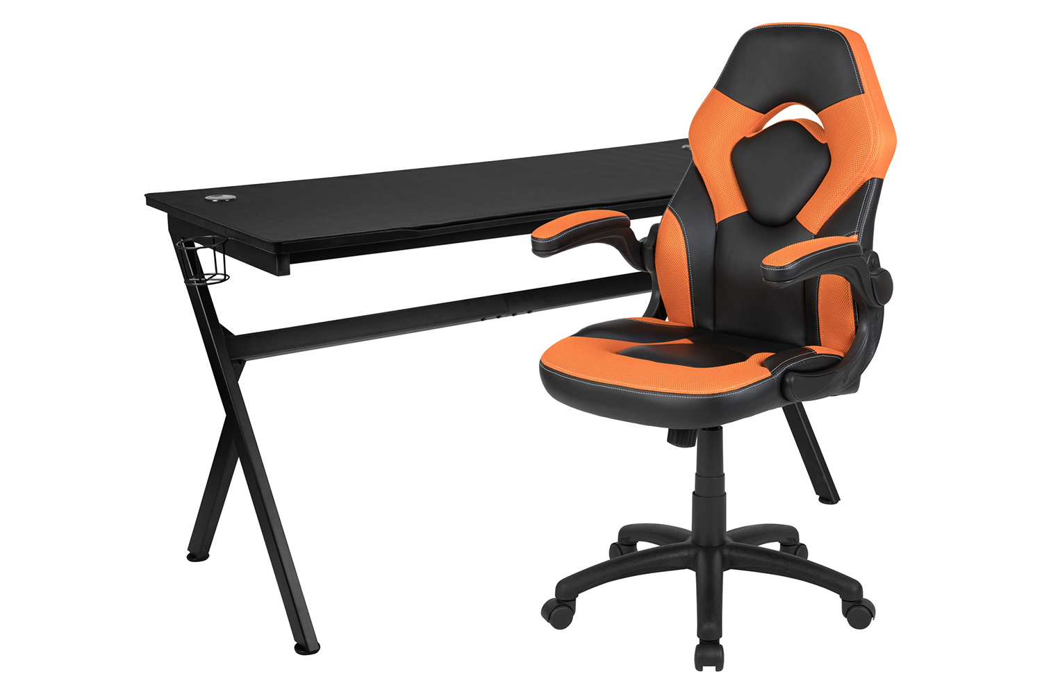 BLNK Optis Gaming Desk and Racing Chair Set with Cup Holder, Headphone Hook, Removable Mouse Pad Top and 2 Wire Management Holes - Orange/Black