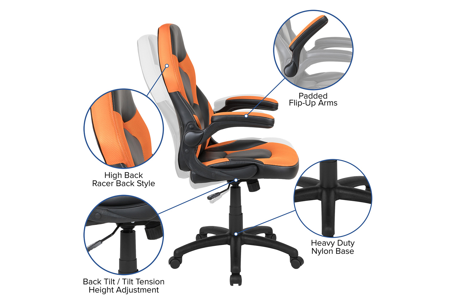 BLNK Optis Gaming Desk and Racing Chair Set with Cup Holder, Headphone Hook, Removable Mouse Pad Top and 2 Wire Management Holes - Orange/Black