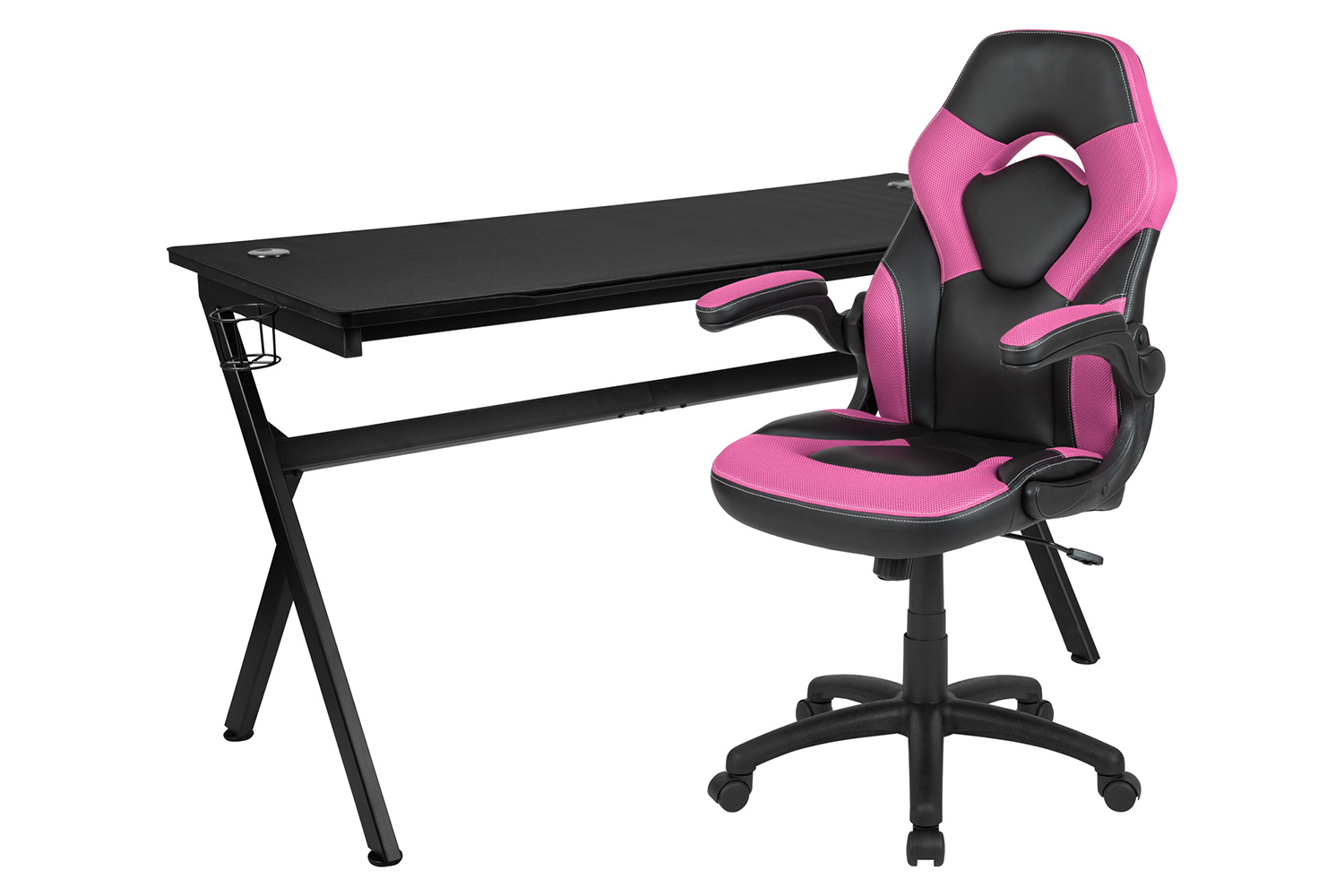 BLNK Optis Gaming Desk and Racing Chair Set with Cup Holder, Headphone Hook, Removable Mouse Pad Top and 2 Wire Management Holes - Pink/Black