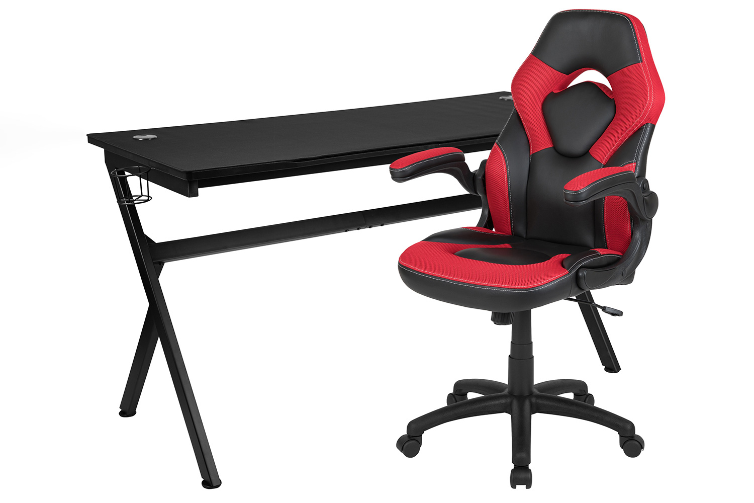 BLNK Optis Gaming Desk and Racing Chair Set with Cup Holder, Headphone Hook, Removable Mouse Pad Top and 2 Wire Management Holes - Red/Black