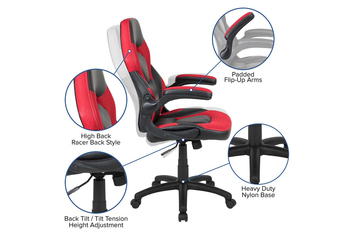 BLNK Optis Gaming Desk and Racing Chair Set with Cup Holder, Headphone Hook, Removable Mouse Pad Top and 2 Wire Management Holes - Red/Black