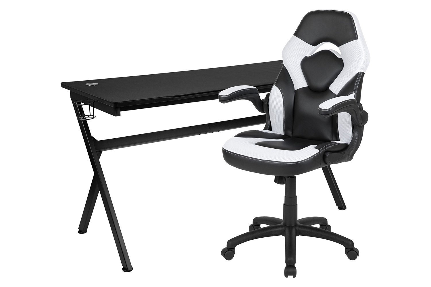 BLNK Optis Gaming Desk and Racing Chair Set with Cup Holder, Headphone Hook, Removable Mouse Pad Top and 2 Wire Management Holes - White/Black