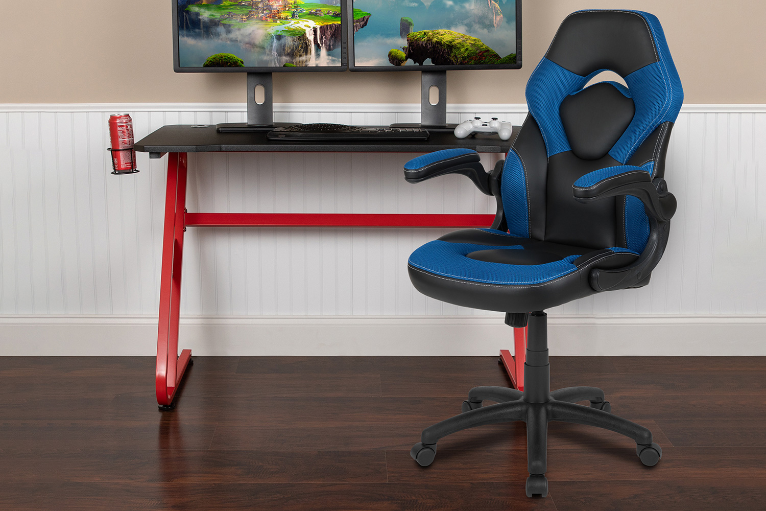 BLNK Optis Red Gaming Desk and Racing Chair Set with Cup Holder and Headphone Hook