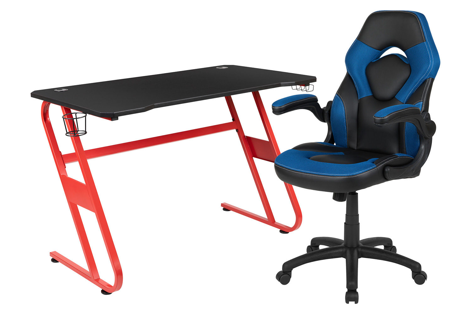 BLNK Optis Red Gaming Desk and Racing Chair Set with Cup Holder and Headphone Hook - Blue/Black