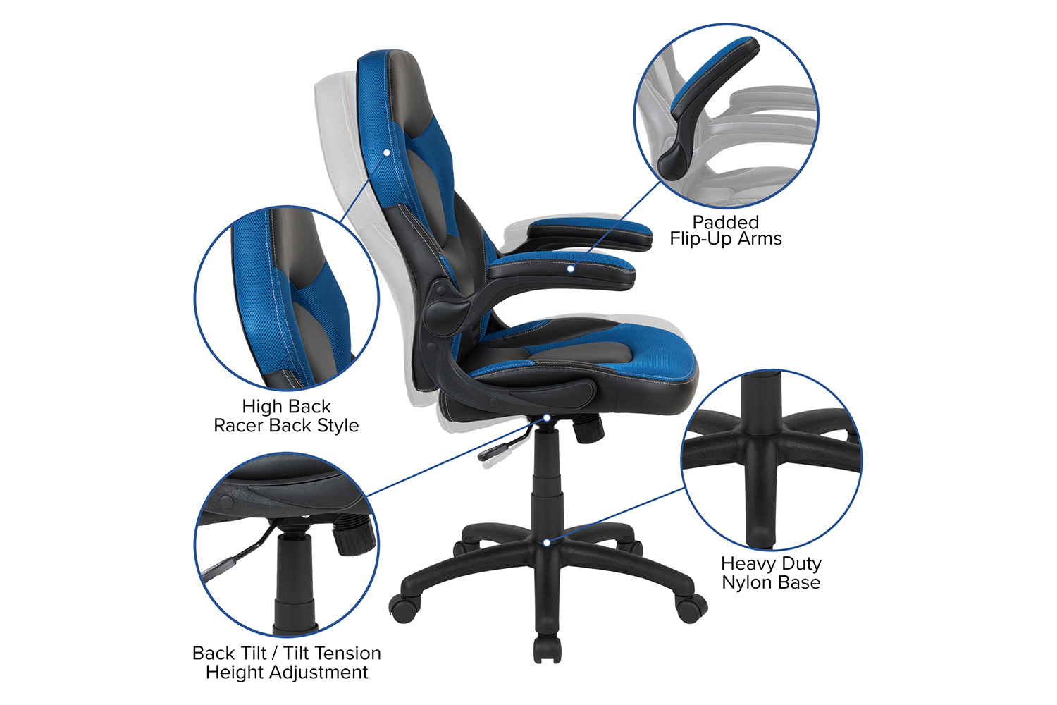 BLNK Optis Red Gaming Desk and Racing Chair Set with Cup Holder and Headphone Hook - Blue/Black