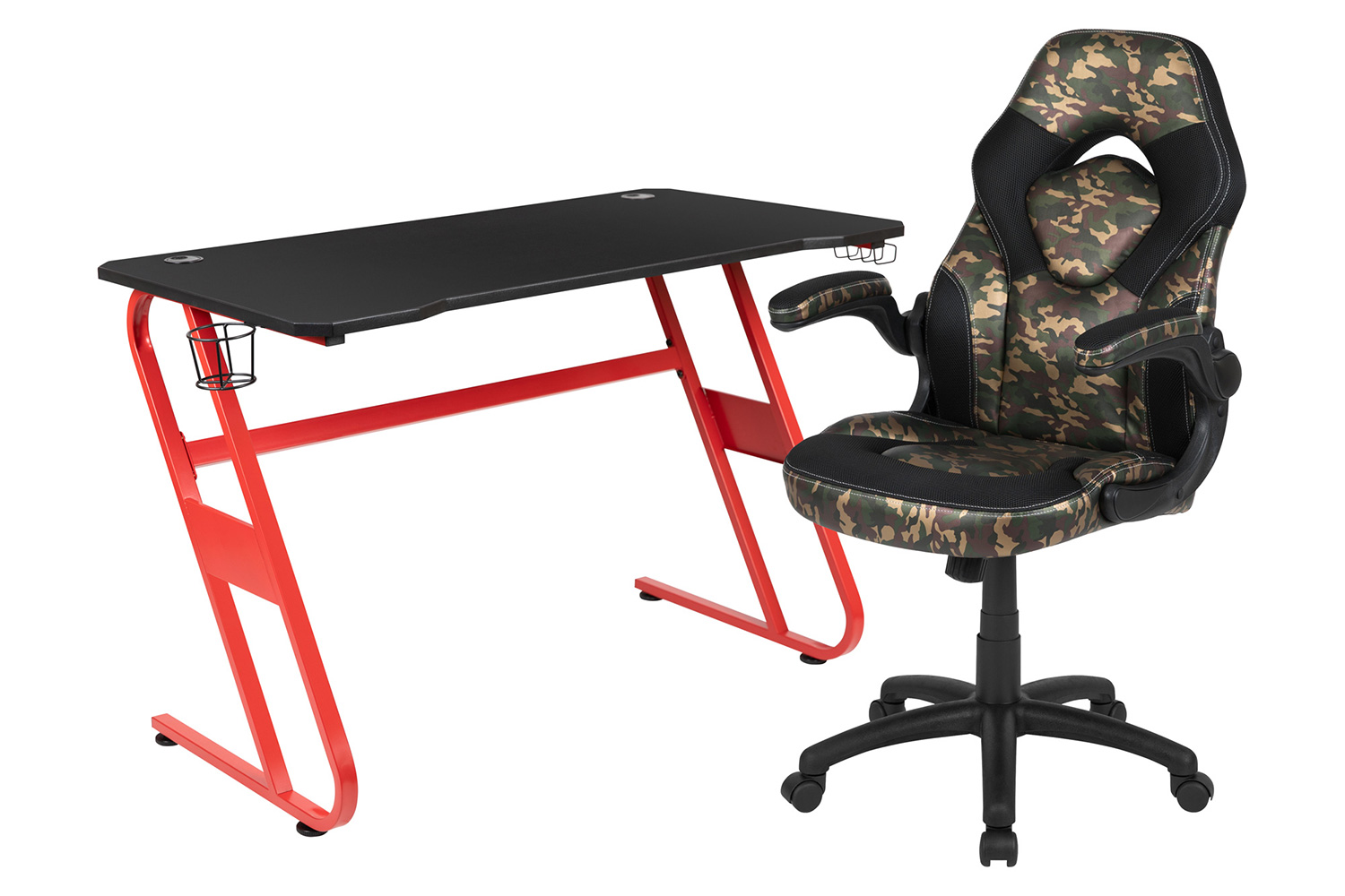 BLNK Optis Red Gaming Desk and Racing Chair Set with Cup Holder and Headphone Hook - Camouflage/Black