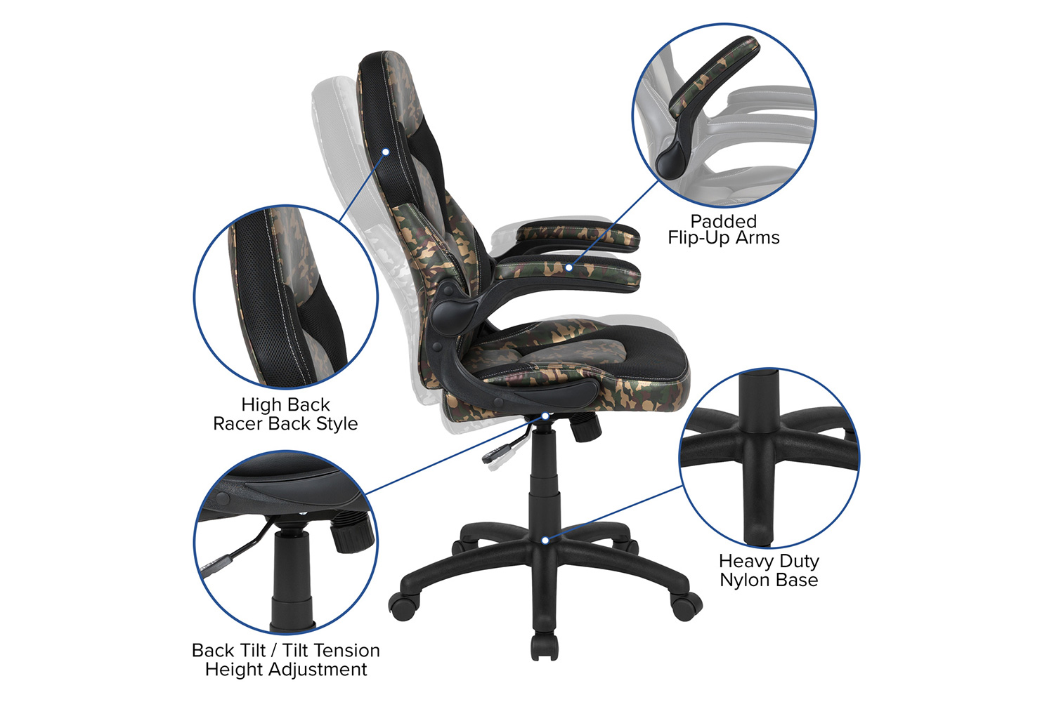 BLNK Optis Red Gaming Desk and Racing Chair Set with Cup Holder and Headphone Hook - Camouflage/Black