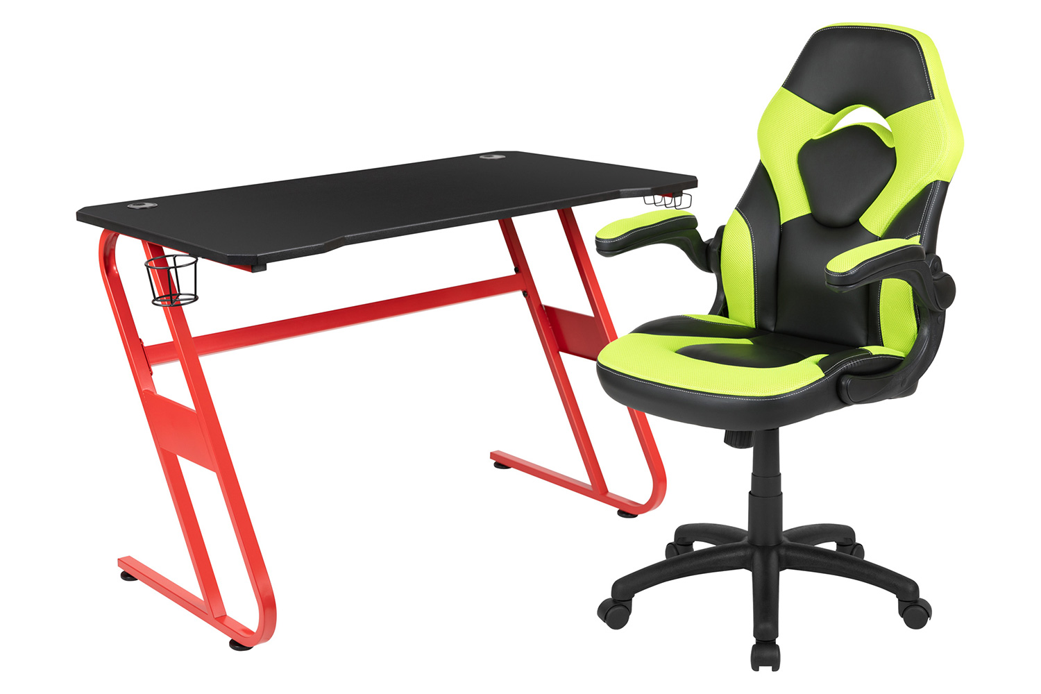 BLNK Optis Red Gaming Desk and Racing Chair Set with Cup Holder and Headphone Hook - Green/Black