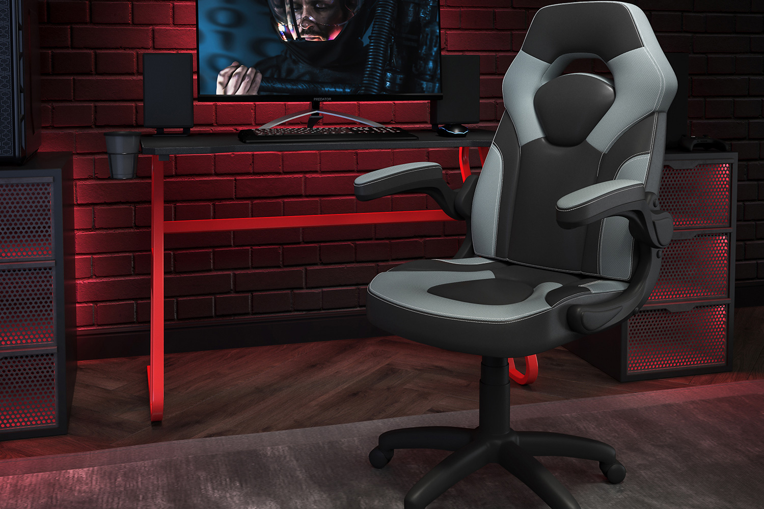 BLNK Optis Red Gaming Desk and Racing Chair Set with Cup Holder and Headphone Hook