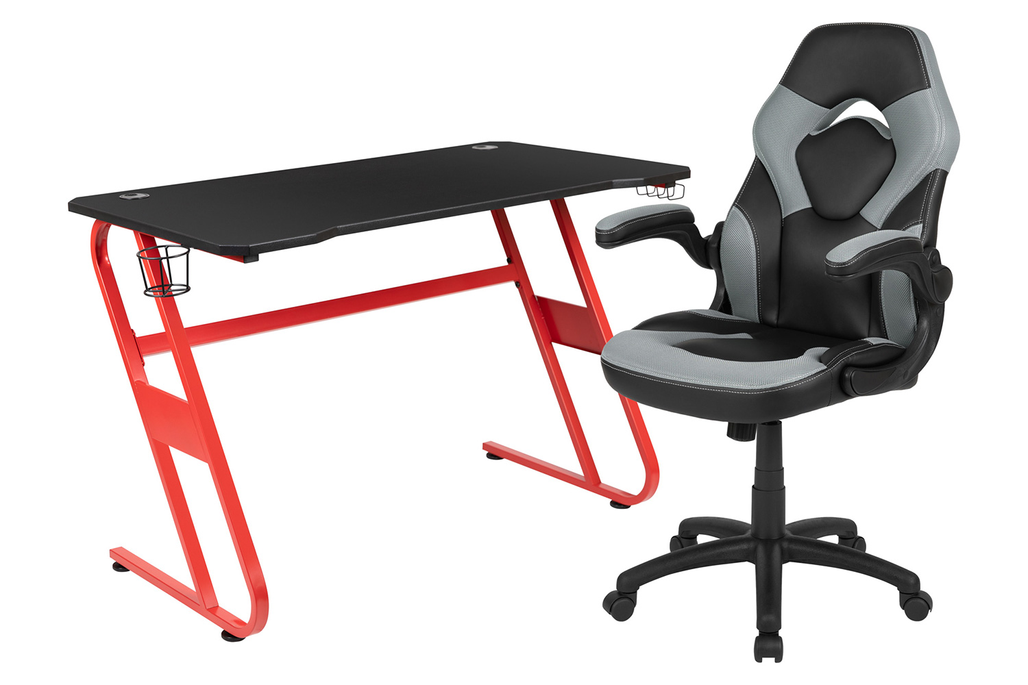 BLNK Optis Red Gaming Desk and Racing Chair Set with Cup Holder and Headphone Hook - Gray/Black