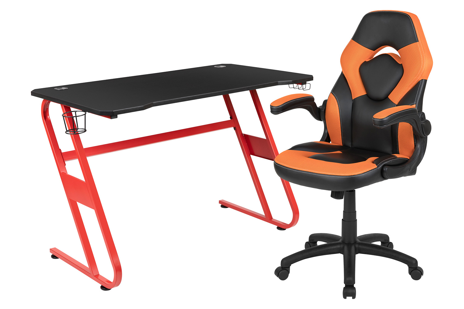 BLNK Optis Red Gaming Desk and Racing Chair Set with Cup Holder and Headphone Hook - Orange/Black