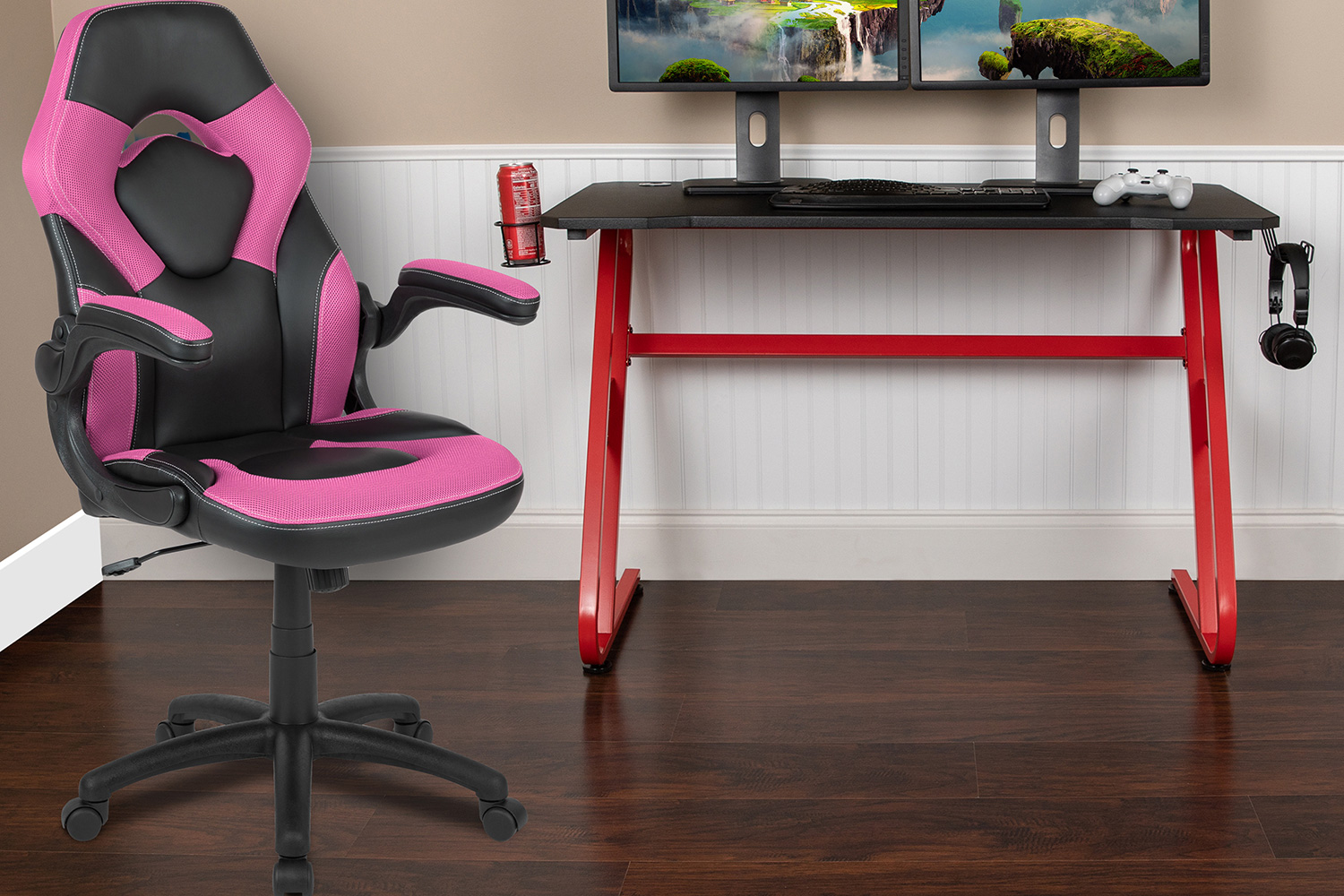 BLNK Optis Red Gaming Desk and Racing Chair Set with Cup Holder and Headphone Hook