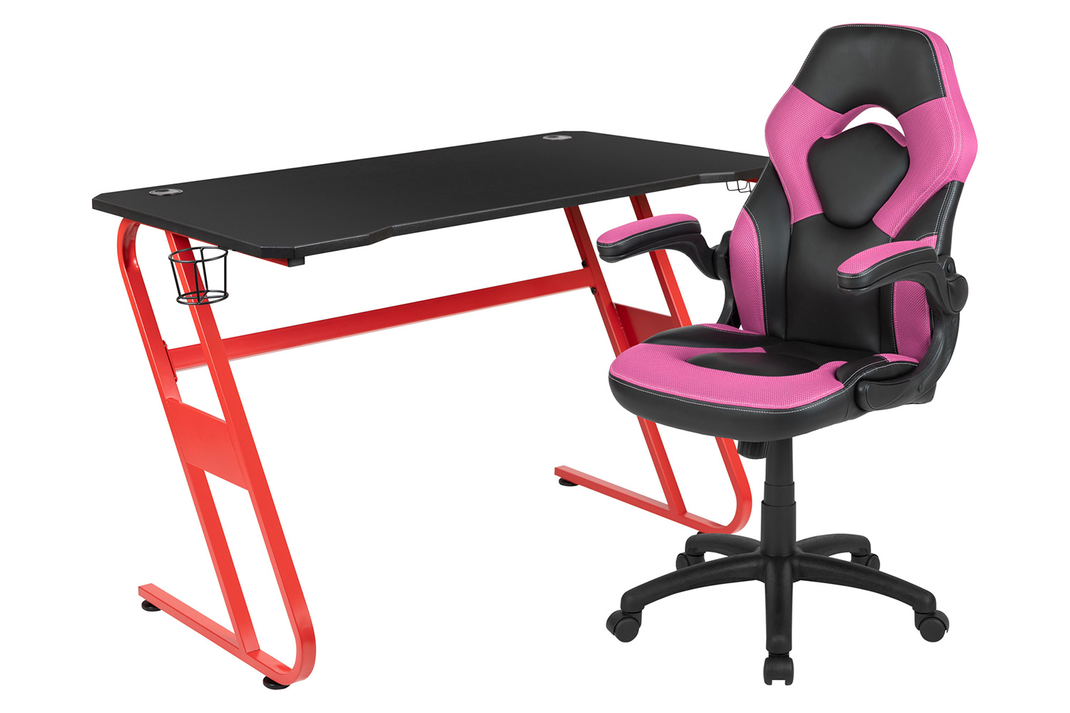 BLNK Optis Red Gaming Desk and Racing Chair Set with Cup Holder and Headphone Hook - Pink/Black