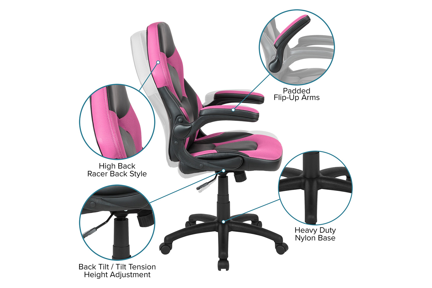 BLNK Optis Red Gaming Desk and Racing Chair Set with Cup Holder and Headphone Hook - Pink/Black