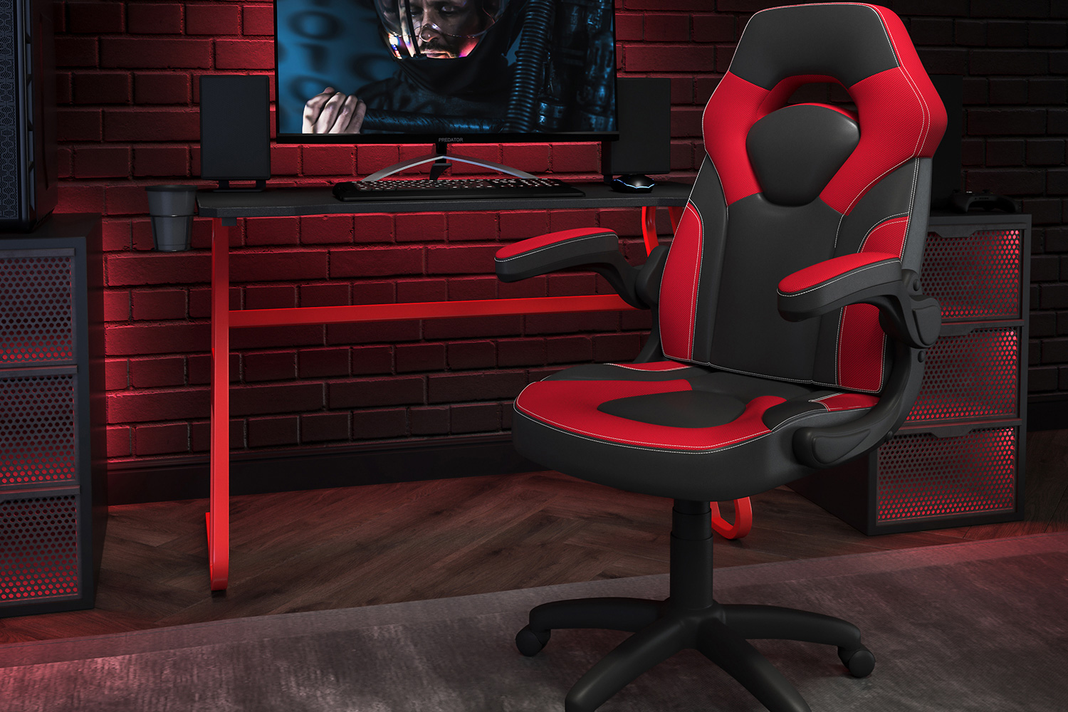 BLNK Optis Red Gaming Desk and Racing Chair Set with Cup Holder and Headphone Hook