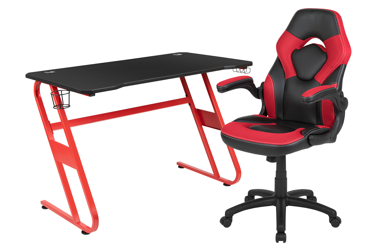 BLNK Optis Red Gaming Desk and Racing Chair Set with Cup Holder and Headphone Hook - Red/Black