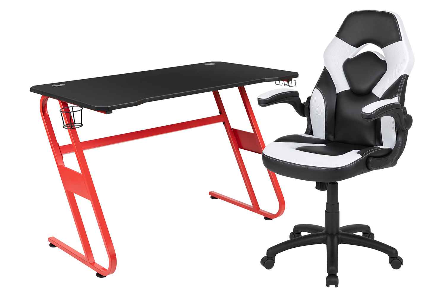 BLNK Optis Red Gaming Desk and Racing Chair Set with Cup Holder and Headphone Hook - White/Black