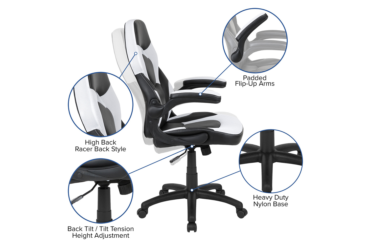 BLNK Optis Red Gaming Desk and Racing Chair Set with Cup Holder and Headphone Hook - White/Black