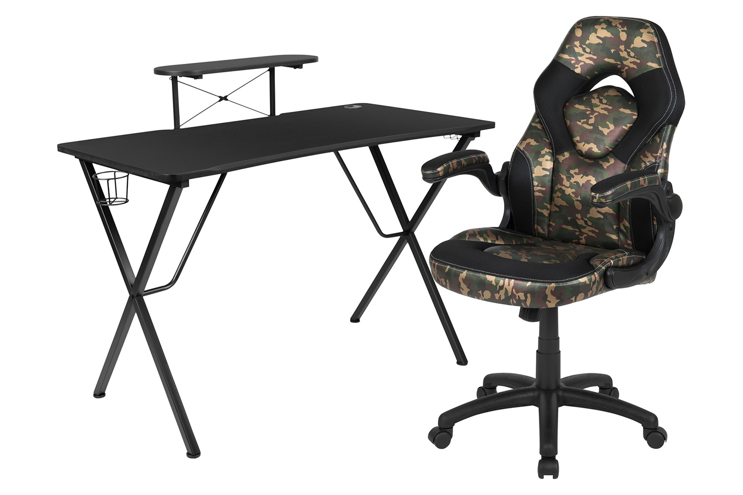 BLNK Optis Black Gaming Desk and Racing Chair Set with Cup Holder, Headphone Hook and Monitor/Smartphone Stand - Camouflage