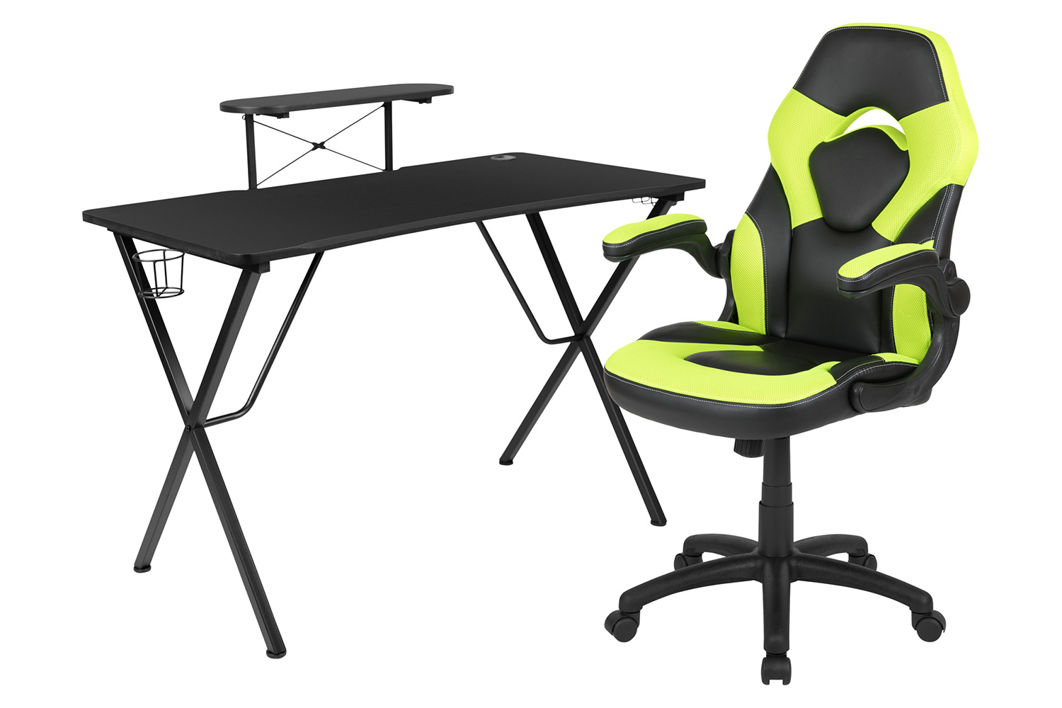 BLNK Optis Black Gaming Desk and Racing Chair Set with Cup Holder, Headphone Hook and Monitor/Smartphone Stand - Green