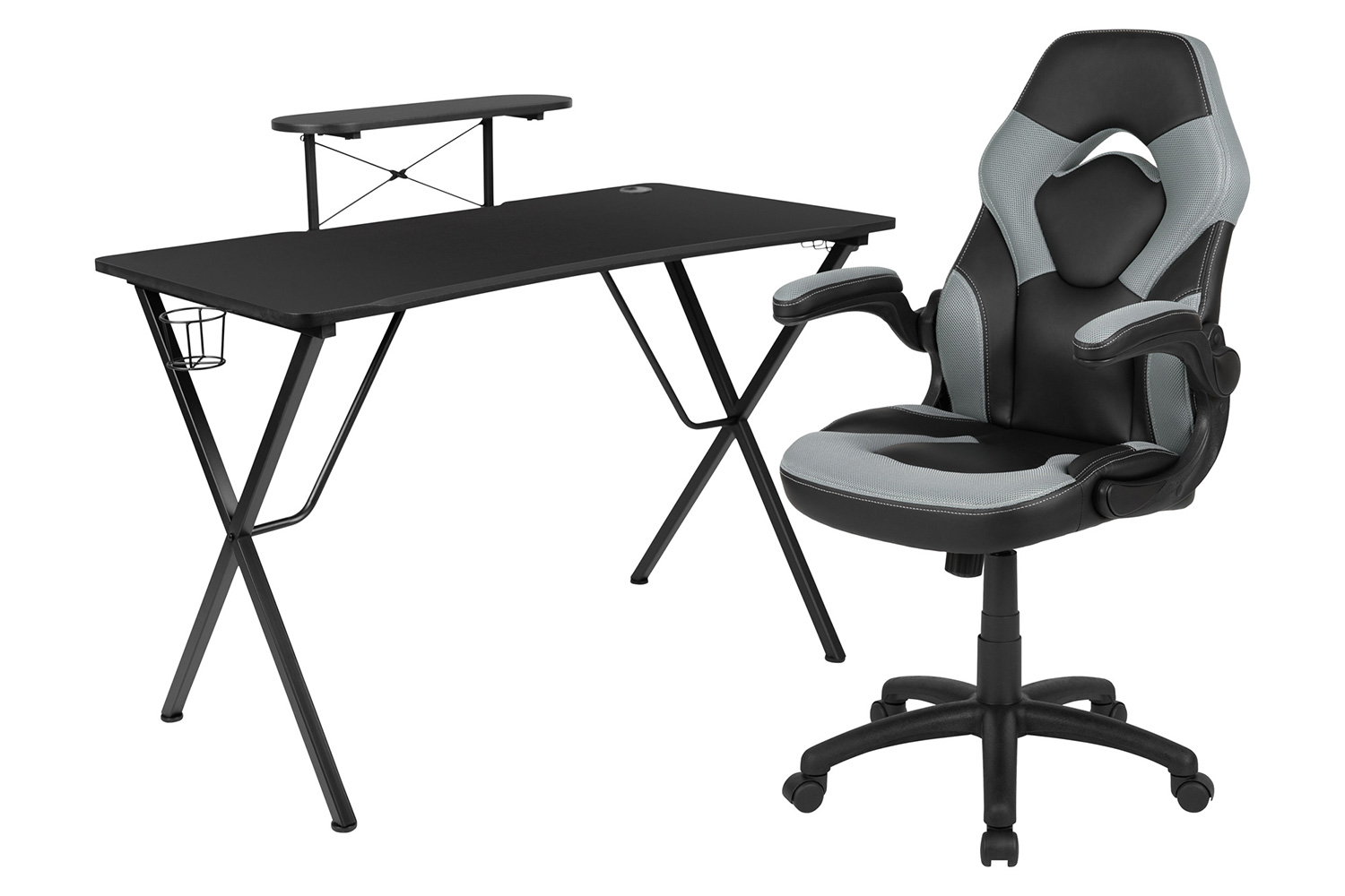 BLNK Optis Black Gaming Desk and Racing Chair Set with Cup Holder, Headphone Hook and Monitor/Smartphone Stand - Gray