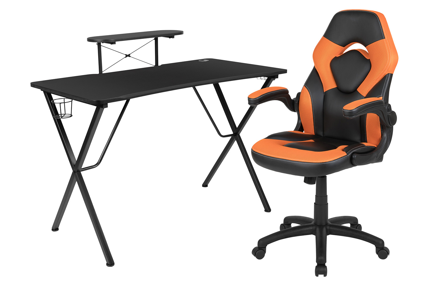 BLNK Optis Black Gaming Desk and Racing Chair Set with Cup Holder, Headphone Hook and Monitor/Smartphone Stand - Orange